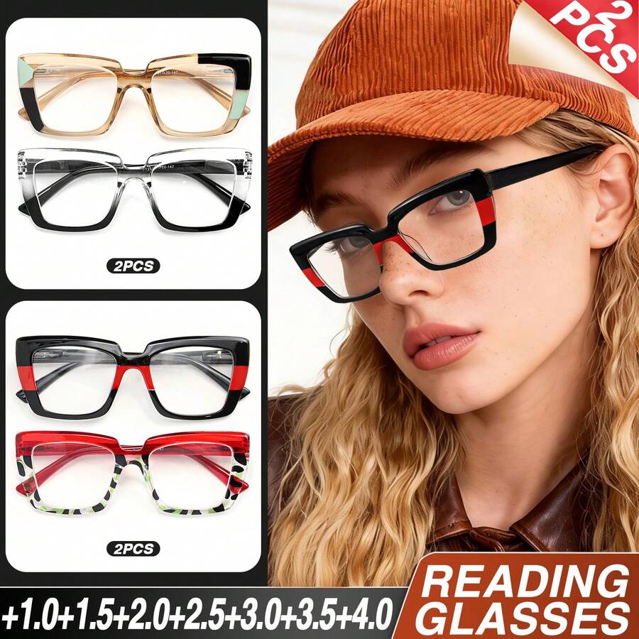 2 pièces Lunettes de lecture à monture large style œil de chat, design imprimé léopard, avec charnières à ressort premium, convient pour le port quotidien des femmes - Blanc - Voir 1