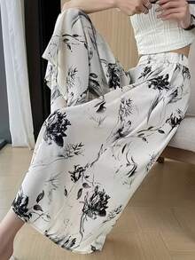 Women's Chinese Ink Floral Print Wide Leg Midi Skirt, High Elastic Waist Flowy A-Line Casual Summer Wide Leg Pants Black - Black - View 5