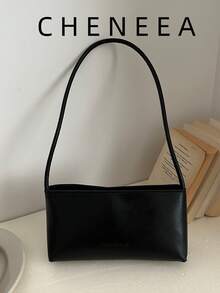 Bolso baguette de moda retro primavera/verano, apertura con cremallera, ligero y minimalista, superficie suave de unicolor, bolso de hombro y axila de pequeña capacidad - Negro - Ver 2