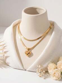1pc Double Layered Gold Snake Chain Heart Pendant Necklace, Featuring Delicate Water Ripple Chain Paired With 3D Plump Heart Pendant Design, Minimalist Versatile Style For Commuting And Dating, Blending Modern Minimalism With French Romance, Perfect For Women Seeking Daily Elegance And Subtle Yet Eye-Catching Outfits - Yellow Gold - View 3
