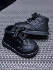 1 Pair Unisex Kids' Thermal Lined Warm Snow Boots, Solid Color Diamond Quilted Outdoor Boots For Autumn/Winter - Black - View 5