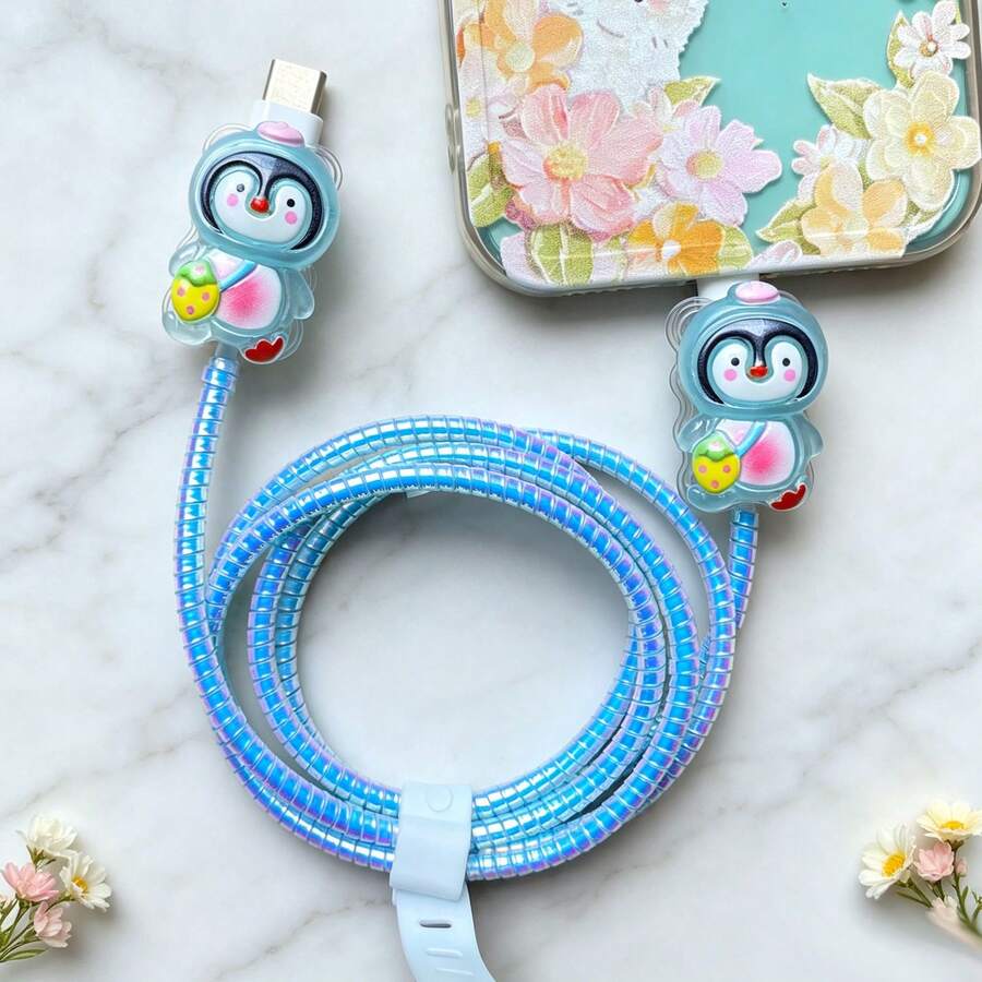 Protector de cable compatible con cargador Tipo-C de , protector de cable de teléfono de plástico con diseño 3D de dibujos animados lindos, protector de cable de carga, protector - Azul - Ver 1