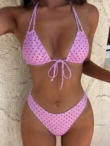 Conjunto de bikini de 2 piezas para mujer 2026, rosa y morado con lunares oscuros, top de copa triangular con lazo, braguita triangular, atuendo sexy para vacaciones en la playa - Lila Púrpura - Ver 10