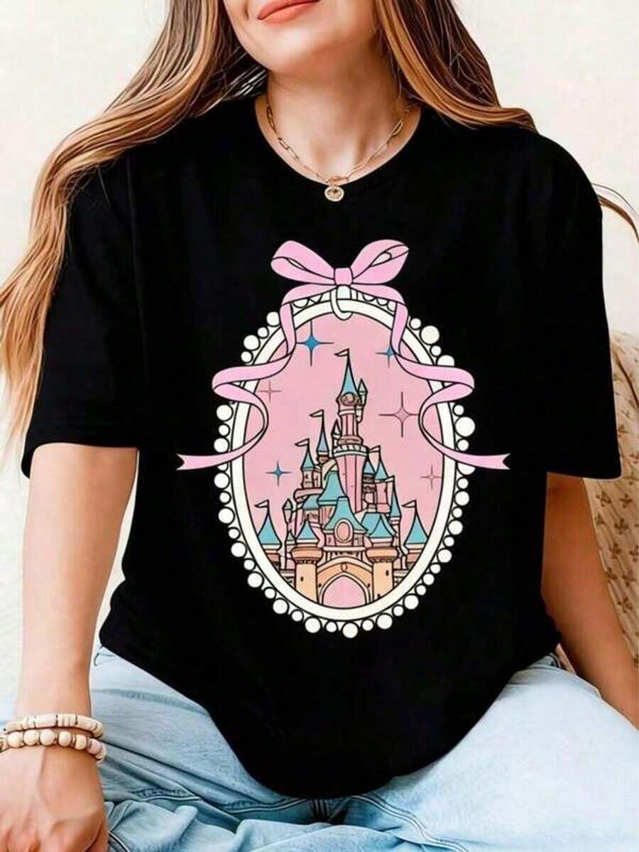 Coquette Castle T-Shirt, Magic Castle T-Shirt, Magic Kingdom Sweater, Pink T-Shirt With Bow For Girls, T-Shirt With Bow, Women's Cotton T-Shirt, Thick And Soft T-Shirt - 黑色 - 查看 1