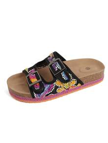 Women's Summer New Bohemian Vacation Style Colorful Embroidered Adjustable Buckle Straw Rope Thick Sole Sandals, Fashion Versatile Mesh Round Toe Comfortable Music Festival Beach Sandals - Multicolor - View 2