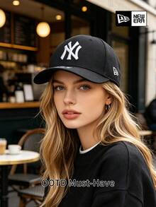New Era Solid Black/White NY Logo Curved Brim Baseball Cap, Minimalist Daily Sun Hat, Suitable For Work And Night Out - Black - View 3