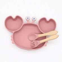 Infant Silicone Tableware Baby Cartoon Crab Plate Wooden Spoon Fork Drop-Resistant - Dark Red - View 9