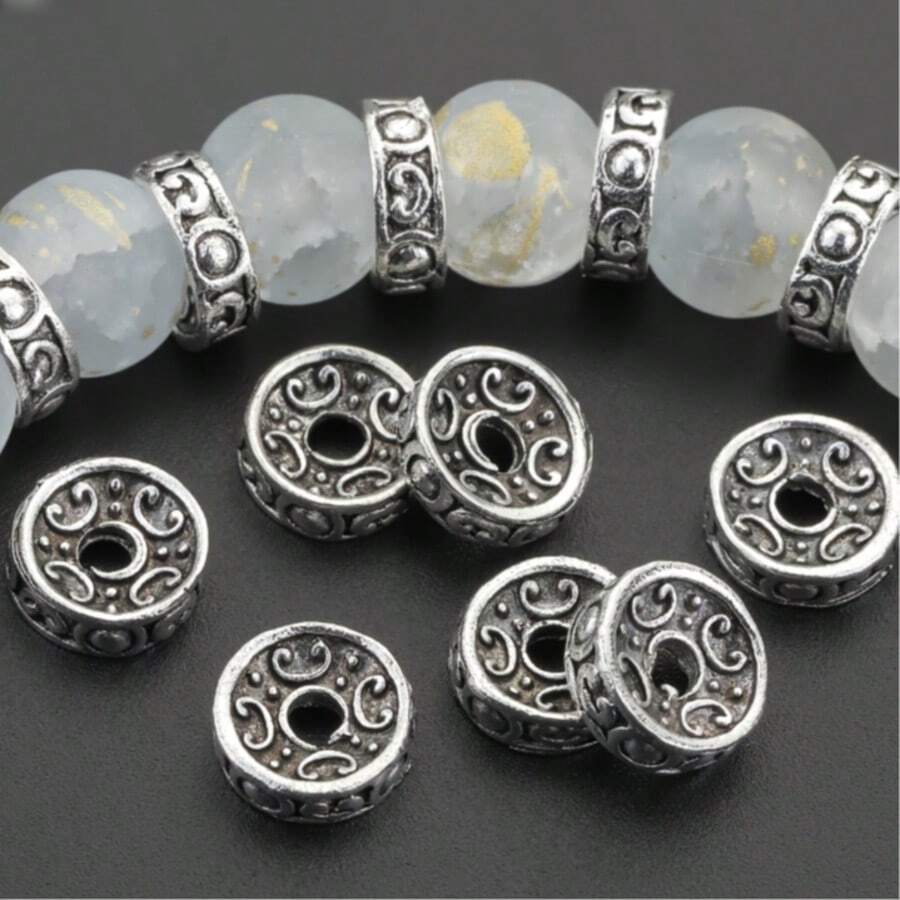 30pcs Antique Silver Alloy Wheel-Shaped Spacer Beads, Washers, For DIY Bracelets, Necklaces, Bracelets, Earrings Jewelry Accessories, Craft Making - A - View 1