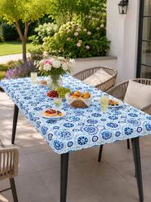 1 pieza-Cubierta de mesa elástica ajustada redonda con estampado de azulejos de porcelana azul, mantel de poliéster elástico con borde elástico, cubierta de mesa lavable de ajuste ceñido para cocina, patio, jardín, comedor, piscina, picnic, uso interior y exterior - Multicolor - Ver 11