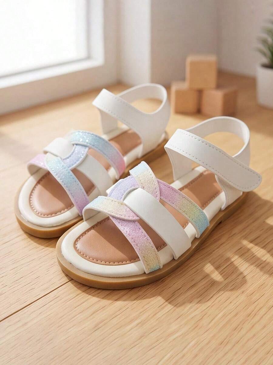 Best-Selling - 3-12 Years Girls Colorful Sandals. White Gradient Stripes, Hook And Loop Closure. Sweet And Fashionable - Multicolor - View 1