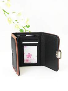 Billetera corta plegable de tres partes con bloques de color para mujer, billetera multifuncional de una pieza de PU suave con gran capacidad de almacenamiento de identificación, compacta y ligera, empaque en caja de regalo adecuado para regalos de vacaciones - Negro - Ver 3