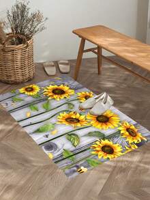 1pc Wood Grain Sunflower Kitchen Rug And Floor Mat, Sunflower Kitchen Mat And Gray Wood Grain Floor Carpet, Can Be Placed In Front Of The Sink, Used For Standing Kitchen Decor - Multicolor - View 4