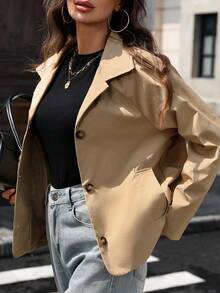 1pc Women's Solid Color Woven Fabric Button Pocket Short Lapel Jacket, College Style Casual Office Spring/Autumn Travel Jacket - Khaki - View 7