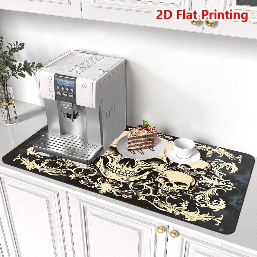 1/10 pezzi Tappetino drenante con motivi teschio nero e bianco, antiscivolo super assorbente e ad asciugatura rapida in diatomite per macchina da caffè espresso, sottobicchiere resistente all'usura, tappetino per asciugatura stoviglie da bancone, forniture per cucina domestica - Grigio Scuro - Visualizzare 1