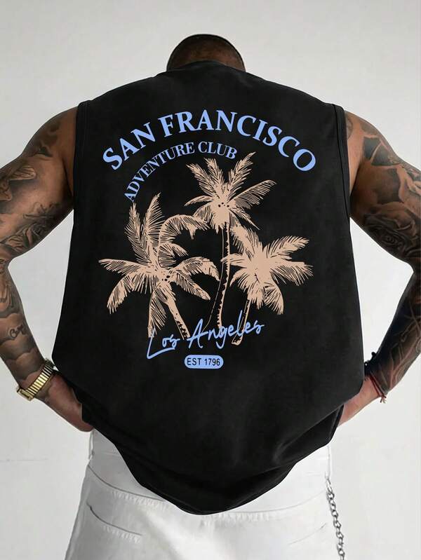 Men's Summer Fashion Versatile Casual Coconut Tree Letter Print Round Neck Tank Top