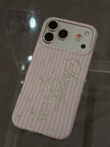 Pink Striped Sequin English Letter Phone Case Compatible With Apple 17 Pro Max, 17 New Model, 16 PM, 15 P, 16 Pro, 15, 17 Pro, Girly Style, Premium, Minimalist, Shockproof, Full Coverage - Pink - View 3