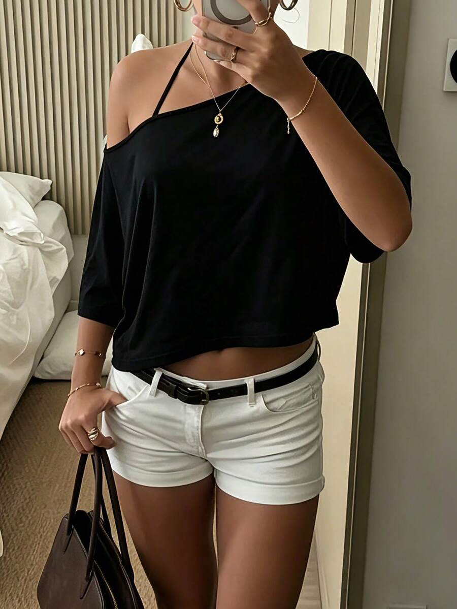 1 pieza Camiseta corta con hombro asimétrico de unicolor, uso casual y para citas, primavera/verano - Negro - Ver 1