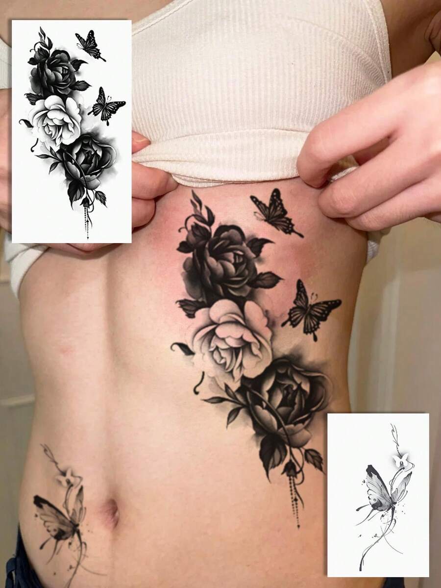 2Pcs Sketch Temporary Tattoos Decorated With Butterflies And Roses. Non-Reflective With Lifelike Visual Effect. Designed For Arms, Back And Spine. Great For Daily Use, Can Stay On For 7-15 Days. - Black - View 1