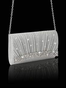 Elegant Women's Evening Clutch, Sparkling Rhinestone Pleated Handheld Banquet Bag V-Shaped Flap Envelope Bag, Comes With Sparkling Rhinestone Jewelry, Shiny Clutch, Perfect For Parties, Weddings, Proms, Evening Dinners, Wedding Dresses, Formal Occasions, Prom Dresses, Birthday Dresses - Silver - View 8
