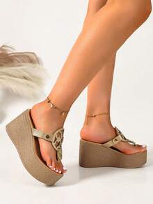 Platform Wedge Sandals, Ladies' Strappy Flip Flops, High Heel Summer Shoes - Gold - View 5