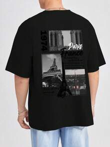 Una camiseta de cuello redondo con estampados de patrones arquitectónicos, un nuevo estilo de moda para el verano, con un corte regular adecuado para primavera y verano.3QJD - Negro - Ver 1