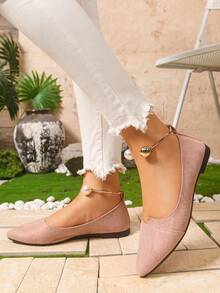 Pink Pointed Toe Flat Shoes, Pearl Metal Decor Mary Jane Flat Shoes - Pink - View 6