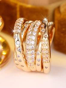 1pc Fashion Unique Women's Wide Cubic Zirconia Ring Set, Women's Jewelry, Wedding Ring, Valentine's Day Gift - Yellow Gold - View 1