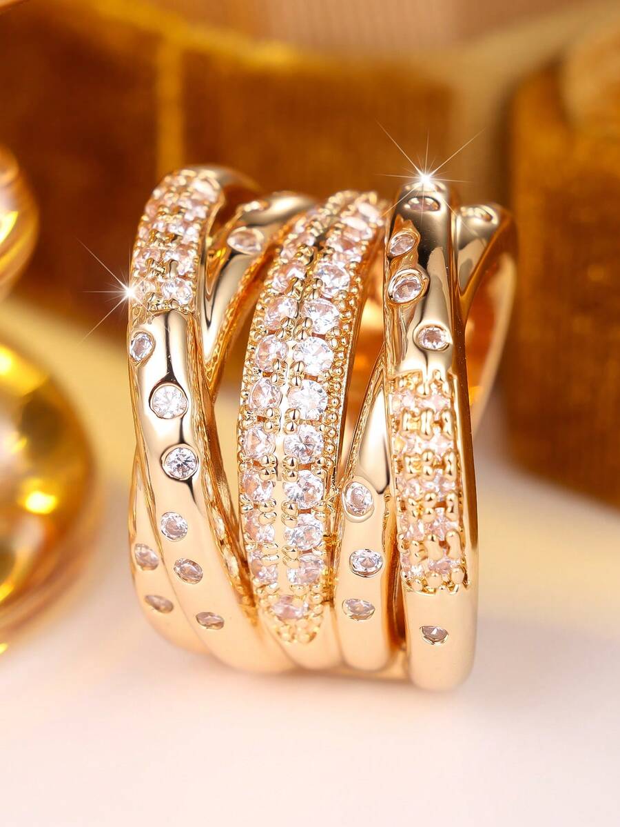 1pc Fashion Unique Women's Wide Cubic Zirconia Ring Set, Women's Jewelry, Wedding Ring, Valentine's Day Gift - Yellow Gold - View 1
