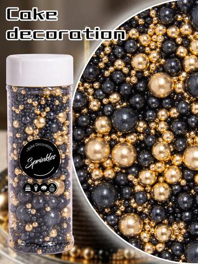 85g/130g Cake Decoration Sprinkles, Black, Shiny Gold Round Pearls Baking Decoration Mixed Size Round Pearls - Suitable For Celebrations, Weddings, Parties, Christmas, Mother's Day, Valentine's Day, Anniversaries. Cupcakes, Cookies, Macarons, Ice Cream, Donuts And Other Dessert Decorations, Wedding Cake Decoration