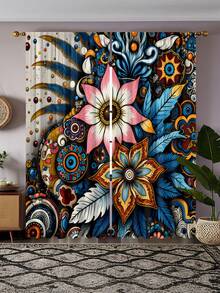 2pcs Bohemian Vintage Floral Print Decorative Curtains, No-Drill Rod Pocket Design, Easy Installation, Polyester Material, Machine Washable And Hand Washable - Bohemian Exotic Style Living Room Bedroom Curtains, Suitable For Bedroom, Office, Kitchen, Living Room, Study, Home Decor. - Multicolor - View 5