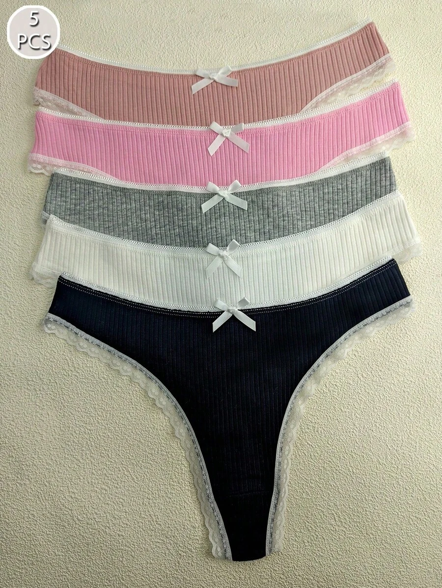 5入女款多彩螺紋蕾絲飾邊可愛蝴蝶結性感丁字褲 - 彩色 - 查看 1