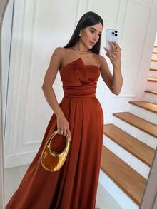 Long, A-Line Draped Strapless Dress With A Defined Waist, Perfect For Formal Occasions And Parties. - Burnt Orange - View 4