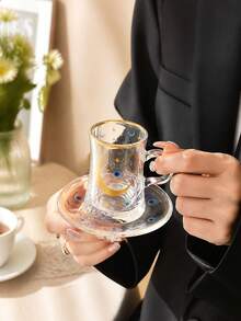DearDali 1組波希米亞風玻璃茶杯，金邊、惡魔之眼與羽毛印花，鏤空環形手柄，附完整托盤，理想的齋月開齋節禮物，適合日常下午茶使用 - 彩色 - 查看 7