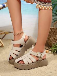 Women's Double Strap Metal Buckle Thick Sole Sandals, Platform Heel Back Strap Roman Shoes, Retro Casual Outdoor Beach Shoes, Non-Slip Height-Increasing Sandals, Multi-Color Options, Plus Size Slimming Versatile Women's Shoes - Khaki - View 1