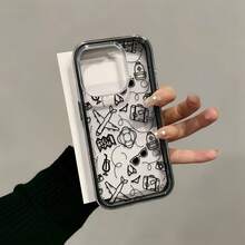1pc Black Frame Transparent Minimalist Lens Protection Anti-Drop Anti-Collision Travel Diary Graffiti Pattern Phone Case Personalized Compatible With IPhone 16 Pro Max/17/16/15/14 Plus/13/12/11 Protective Case Air - Multicolor - View 3