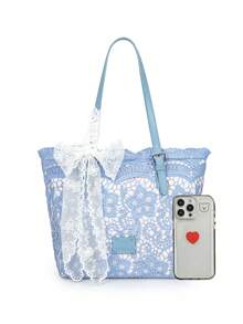Bolso tote de encaje calado gran capacidad asa de piel regulable lazo de encaje desmontable varios colores mujer diario playa viaje vacaciones regalo - Gris Claro - Ver 6