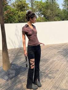 Damen Sommer Hohe Taille Schlaghose mit Cut-Out-Bein, Schnürdesign, Reißverschluss-Schlitz, Nischenstil lange Hose - Schwarz - View 4