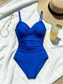 Baju Renang One-Piece Wanita Terbaru, Warna Polos, Model Silang Depan, Baju Renang Pengontrol Perut, Warna Merah Anggur, Pakaian Pantai untuk Liburan Musim Panas - Biru - View 3