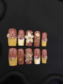 Handmade Caramel Yellow Tone Press On Nails, Stereo Cream Flower Gilded Line Pearl, Medium Square Gentle False Nails For Daily Wear - Multicolor - View 4
