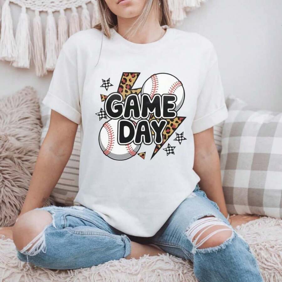 Leopard Lightning Baseball Graphic Game Day Football Shirt. - White - View 1