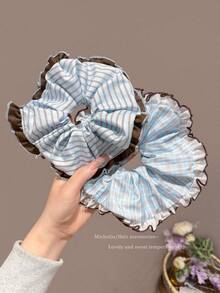 1/3 Pcs Elegant Blue Striped Scrunchie, Oversized Scrunchie, Floral Lace Low Ponytail Accessory – Versatile Hair Accessory Hair Ties Elastics Rubber Bands - Multicolor - View 3