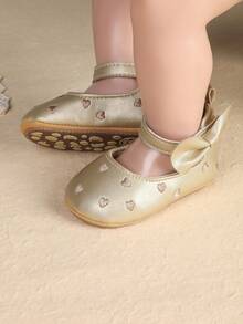1雙嬰幼女童刺繡愛心時尚百搭公主鞋，適合春秋季節 - 金色 - 查看 4