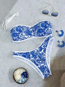 Set de 2 piezas Bikini bandeau con estampado floral rosa para mujer, con tirantes desmontables adecuado para vacaciones en la isla y sesiones de fotos en la playa en verano - Multicolor 8 - Ver 15