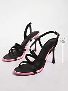 Elegant Rhinestone Embellished Square Toe Satin High Heel Sandals, Sexy Slingback Ankle Strap Dress Shoes For Women,Spring Summer Outfits - Black - View 10