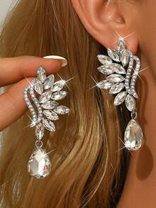 1 Pair Luxury Full Rhinestone Water Drop Long Exaggerated Earrings For Women Wedding Banquet Super Shiny Earrings - Earrings - View 6