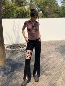 Damen Sommer Hohe Taille Schlaghose mit Cut-Out-Bein, Schnürdesign, Reißverschluss-Schlitz, Nischenstil lange Hose - Schwarz - View 2