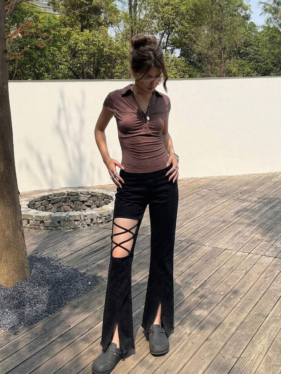 Damen Sommer Hohe Taille Schlaghose mit Cut-Out-Bein, Schnürdesign, Reißverschluss-Schlitz, Nischenstil lange Hose
