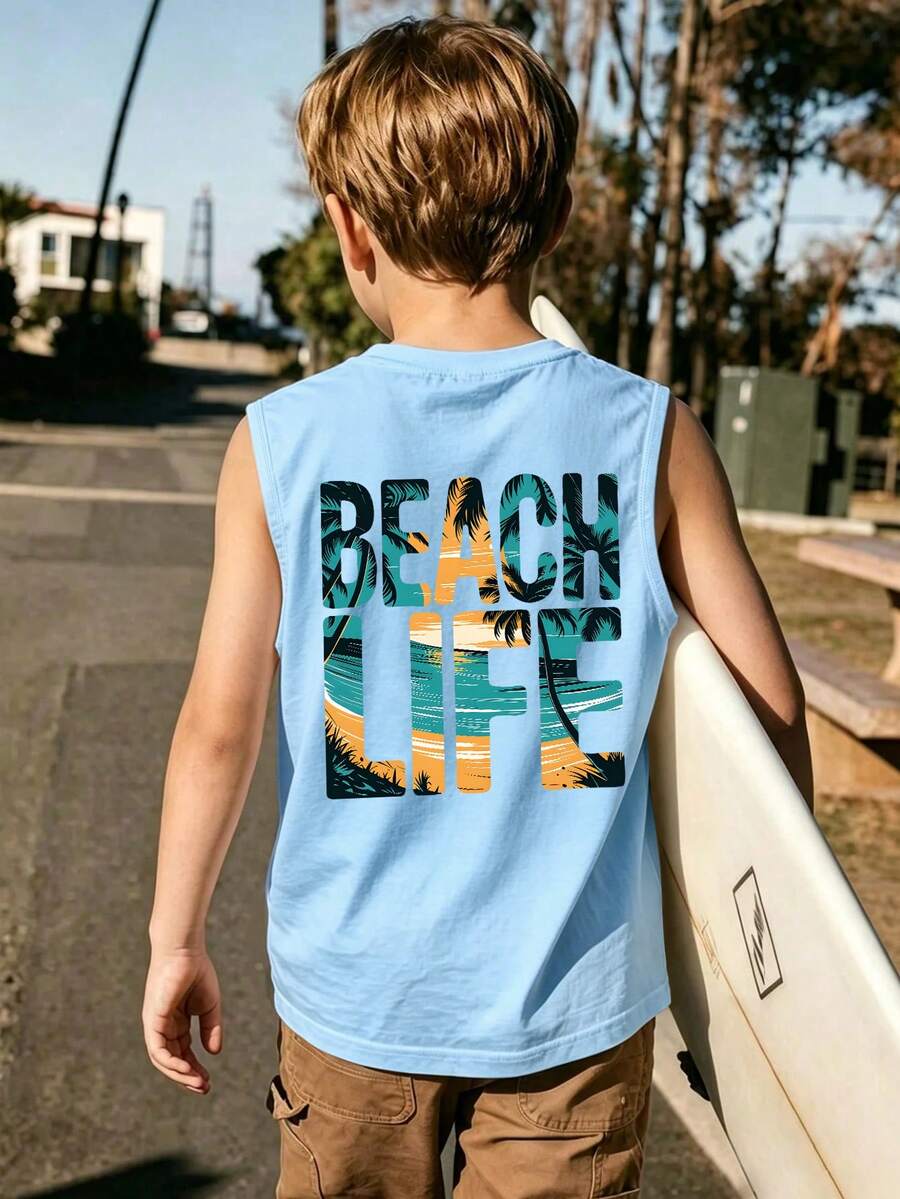 1件酷炫字母印花海灘設計圓領無袖背心 男童夏季新款舒適男童服飾 - 淺藍色 - 查看 1
