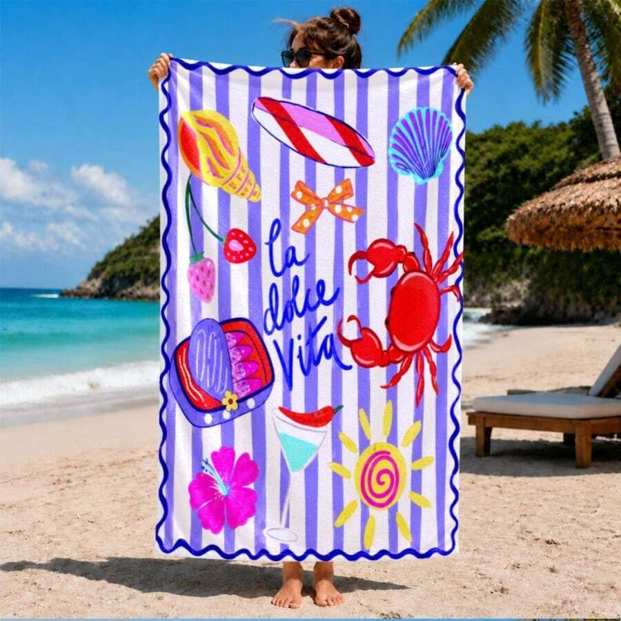 1 La Vita Striped Microfiber Beach Towel In Holiday Style With Print, Soft, Absorbent, Lightweight, Quick-Drying, Ideal For Summer Trips, Beach Essentials, Machine Washable, Suitable For Swimming Pools And Outdoor Activities - Multicolor - View 1