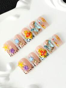 10pcs Handmade Press-On Nails, French Short Square Acrylic Fake Nails With 3D Butterfly, Flower And Starfish Decor, Reusable Removable Hand-Painted Nail Art Set, Long-Lasting And Durable, Y2K Style, Suitable For Daily Wear And Party - Multicolor - View 1